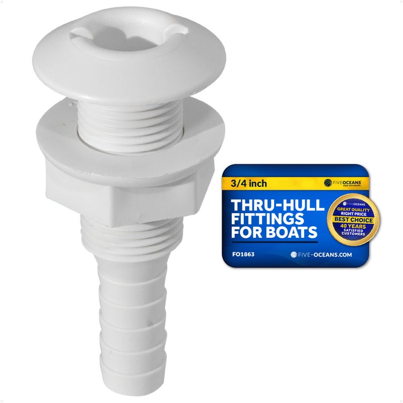 Five Oceans 3/4-Inch Thru-Hull Fittings for Boat, White Injection Molded Polypropylene, Barbed, Resist Harsh Conditions - FO1863 - Image 1